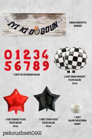 Yarış Temalı Doğum Günü Parti Seti Yaş Balonlu Bannerlı Doğum Günü Süsleme Seti 4
