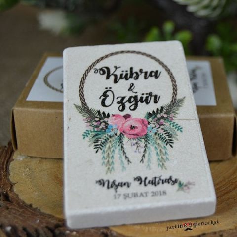 Rustik Yaprak Dalları Konsept Baskılı Taş Magnet Kutusuz