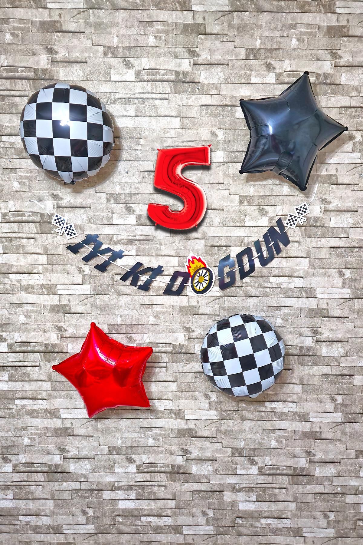 Yarış Temalı Doğum Günü Parti Seti Yaş Balonlu Bannerlı Doğum Günü Süsleme Seti 5