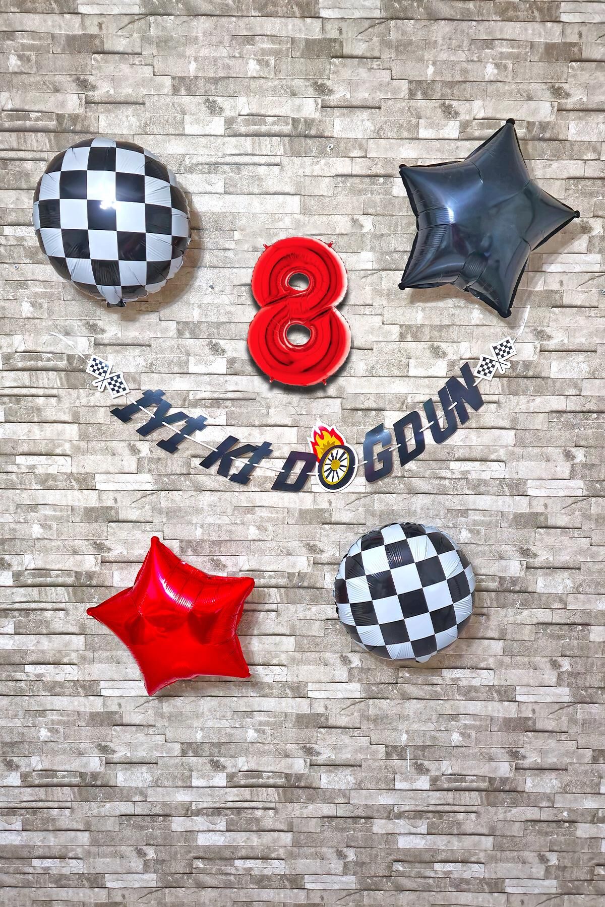 Yarış Temalı Doğum Günü Parti Seti Yaş Balonlu Bannerlı Doğum Günü Süsleme Seti 8