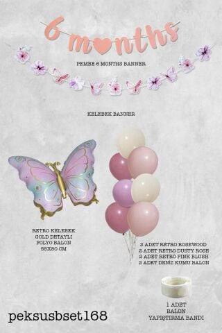 Kelebek Tema 6 Aylık Yarım Yaş Partisi Balon Zinciri Seti 6 Months Bannerlı