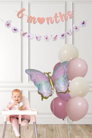 Kelebek Tema 6 Aylık Yarım Yaş Partisi Balon Zinciri Seti 6 Months Bannerlı
