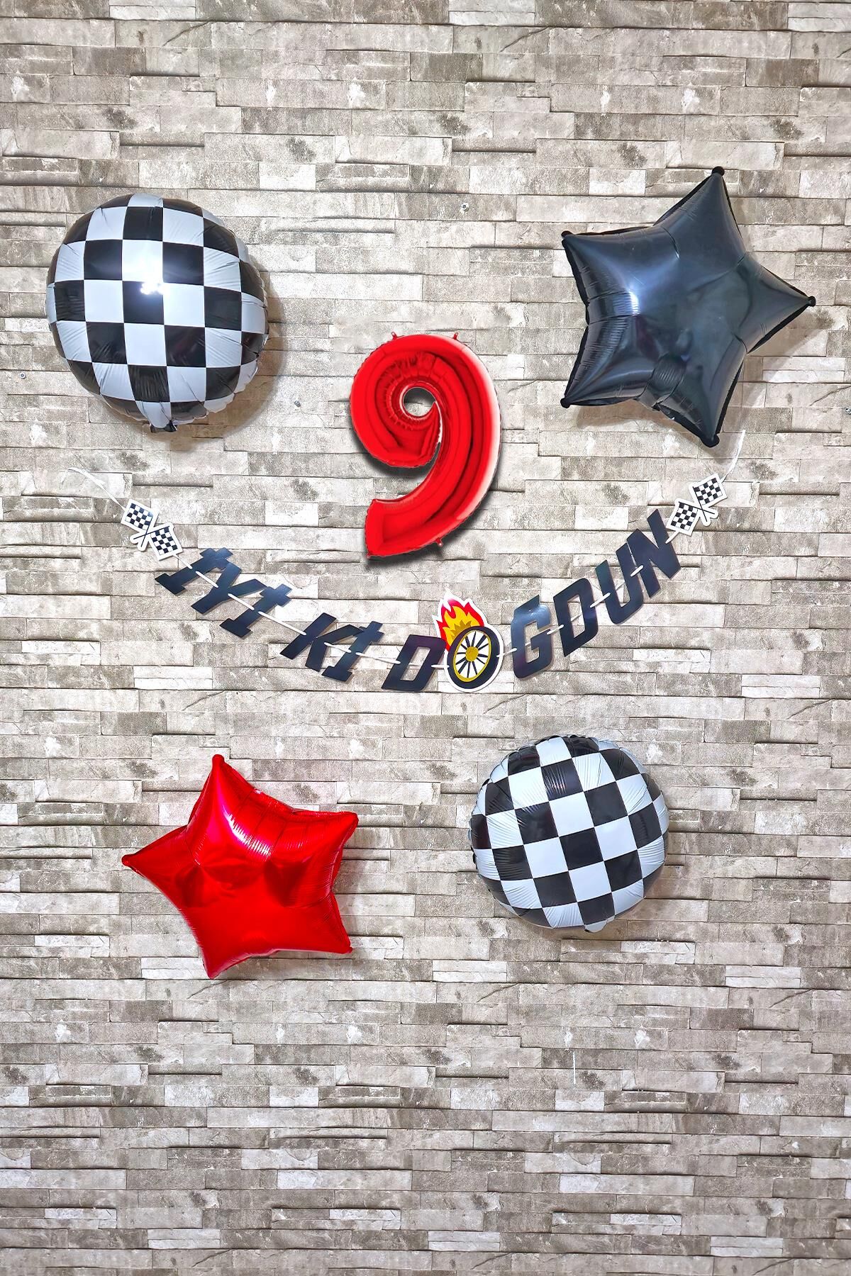 Yarış Temalı Doğum Günü Parti Seti Yaş Balonlu Bannerlı Doğum Günü Süsleme Seti 9