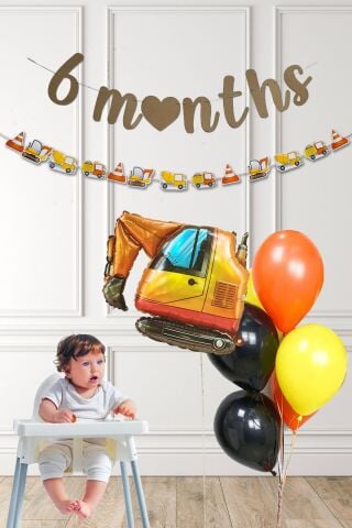 İnşaat Tema 6 Aylık Yarım Yaş Partisi Balon Zinciri Seti 6 Months Bannerlı