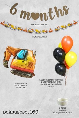 İnşaat Tema 6 Aylık Yarım Yaş Partisi Balon Zinciri Seti 6 Months Bannerlı