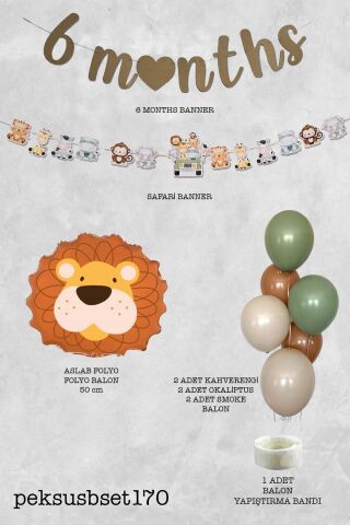 Safari Tema Aslan Balonlu 6 Aylık Yarım Yaş Partisi Balon Zinciri Seti 6 Months Bannerlı