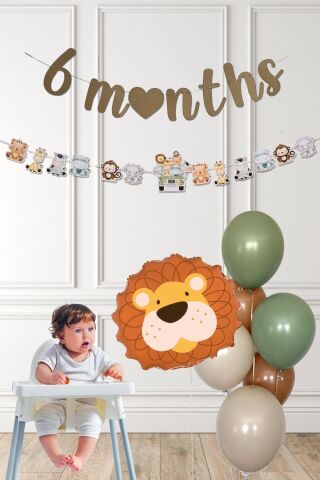 Safari Tema Aslan Balonlu 6 Aylık Yarım Yaş Partisi Balon Zinciri Seti 6 Months Bannerlı