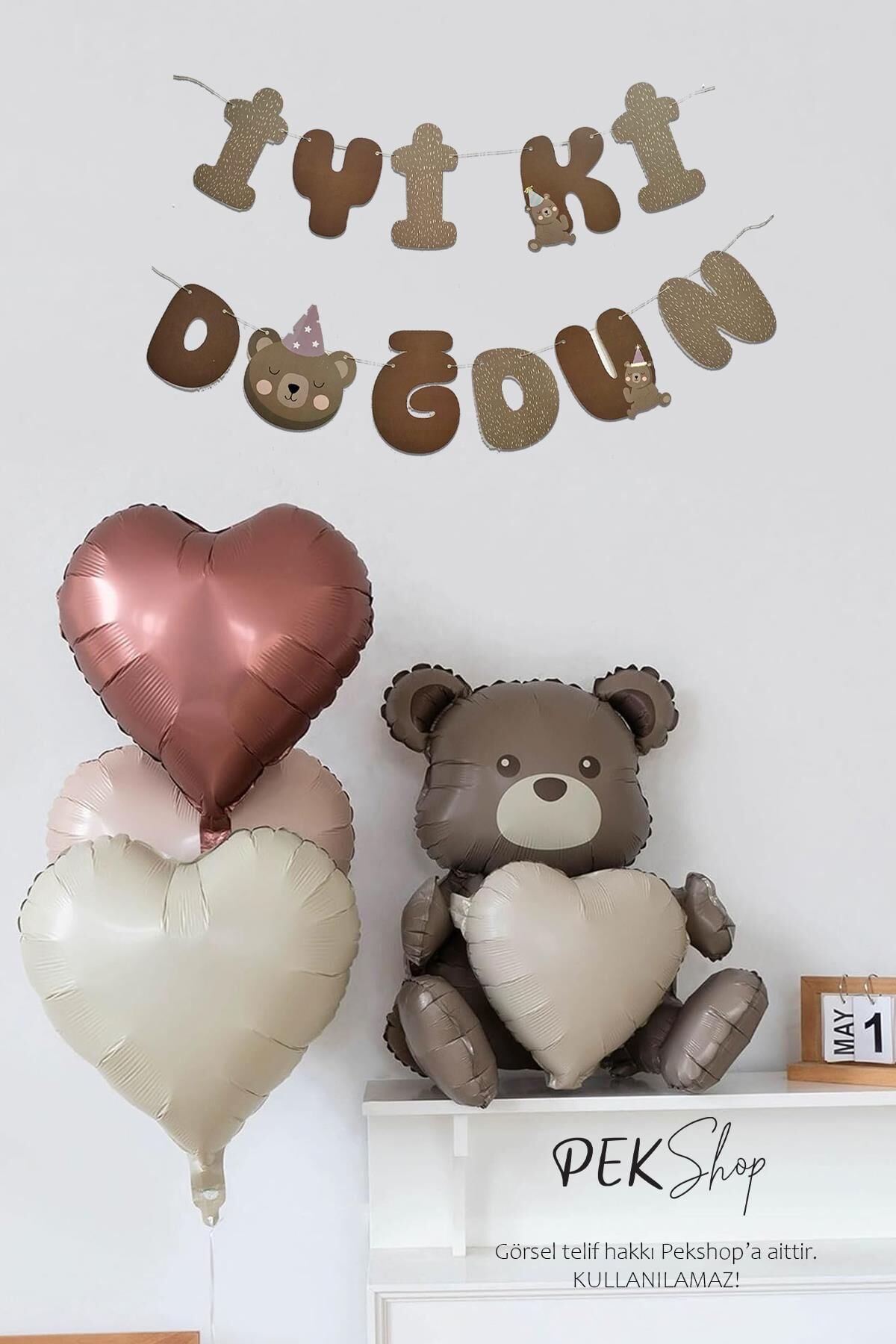 Ayıcık Konsept Doğum Günü Süsleme Seti Oturan Kalpli Ayıcık , Retro Kalp Balonlar Ve Ayı Tema İyi Ki Doğdun Banner