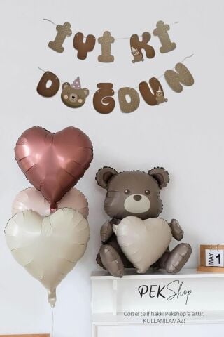 Ayıcık Konsept Doğum Günü Süsleme Seti Oturan Kalpli Ayıcık , Retro Kalp Balonlar Ve Ayı Tema İyi Ki Doğdun Banner
