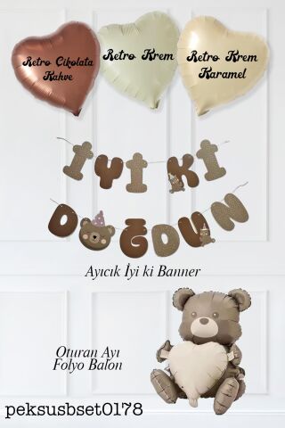 Ayıcık Konsept Doğum Günü Süsleme Seti Oturan Kalpli Ayıcık , Retro Kalp Balonlar Ve Ayı Tema İyi Ki Doğdun Banner