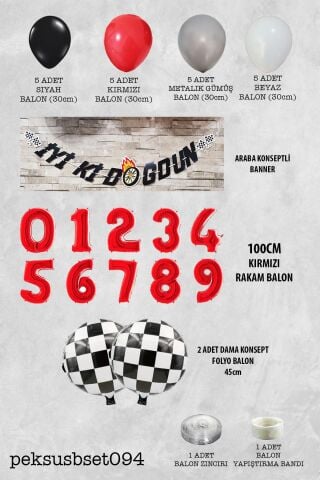 Yarış Temalı Doğum Günü Parti Seti 100cm Yaş Balonlu Bannerlı Doğum Günü Süsleme Seti