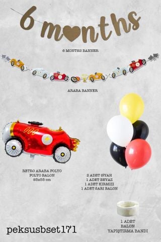 Yarış Arabaları 6 Aylık Yarım Yaş Partisi Balon Zinciri Seti 6 Months Bannerlı