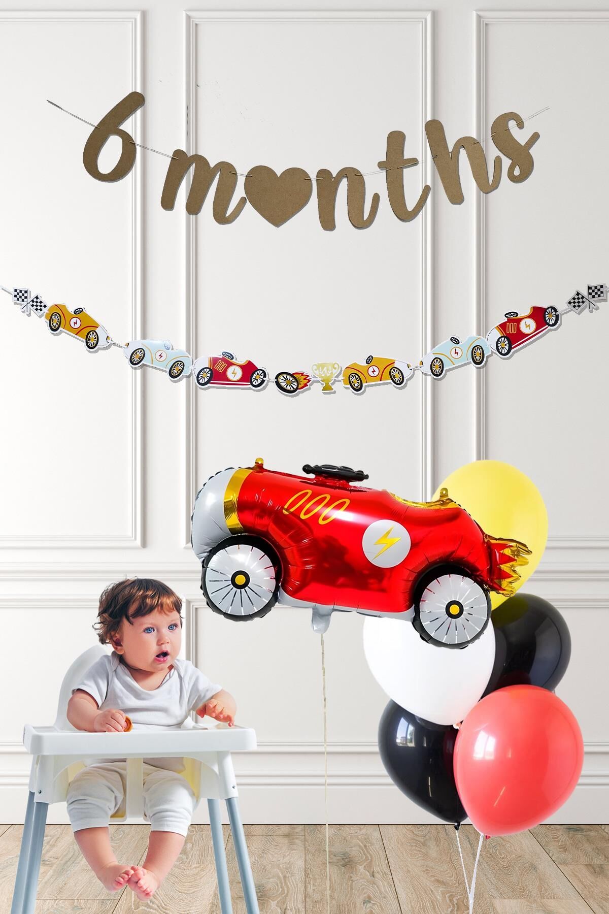 Yarış Arabaları 6 Aylık Yarım Yaş Partisi Balon Zinciri Seti 6 Months Bannerlı