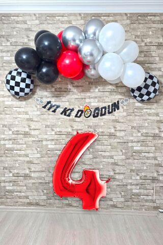 Yarış Temalı Doğum Günü Parti Seti 100cm Yaş Balonlu Bannerlı Doğum Günü Süsleme Seti 4
