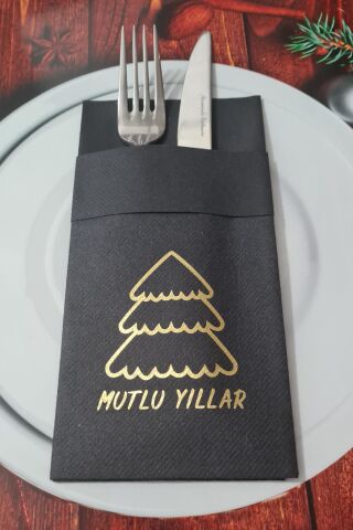 Kumaş Dokulu Siyah Peçete Gold Varak Yılbaşı Ağacı Mutlu Yıllar Yazılı Yılbaşı Sofrası - Yeni Yıl Peçetesi