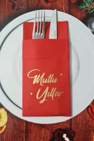 Kumaş Dokulu Kırmızı Peçete Gold Varak Mutlu Yıllar Yazılı Yılbaşı Sofrası - Yeni Yıl Peçetesi