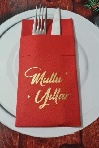Kumaş Dokulu Kırmızı Peçete Gold Varak Mutlu Yıllar Yazılı Yılbaşı Sofrası - Yeni Yıl Peçetesi