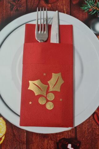 Kumaş Dokulu Kırmızı Peçete Gold Varak Kokina Çiçeği Yılbaşı Sofrası - Yeni Yıl Peçetesi