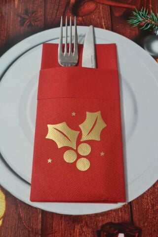 Kumaş Dokulu Kırmızı Peçete Gold Varak Kokina Çiçeği Yılbaşı Sofrası - Yeni Yıl Peçetesi
