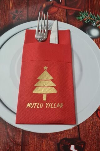 Kumaş Dokulu Kırmızı Peçete Gold Varak Yılbaşı Ağacı Mutlu Yıllar Yazılı Yılbaşı Sofrası - Yeni Yıl Peçetesi