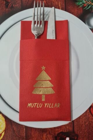 Kumaş Dokulu Kırmızı Peçete Gold Varak Yılbaşı Ağacı Mutlu Yıllar Yazılı Yılbaşı Sofrası - Yeni Yıl Peçetesi
