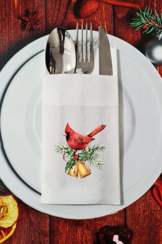 Kumaş Dokulu Yılbaşı Çanları ve Kırmızı Kuş Tasarımlı Yılbaşı Masası Sunum Peçetesi