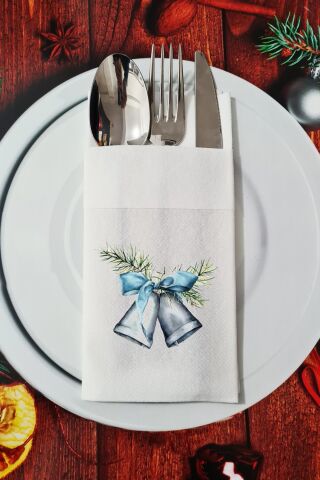 Kumaş Dokulu Gümüş Yılbaşı Çanları Tasarımlı Yılbaşı Masası Sunum Peçetesi