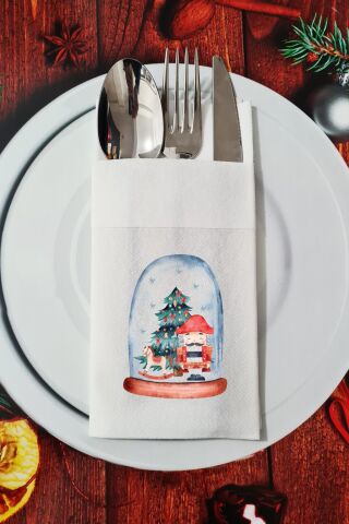 Kumaş Dokulu Kar Küresi İçinde Kurşun Askerler Tasarımlı Yılbaşı Masası Sunum Peçetesi