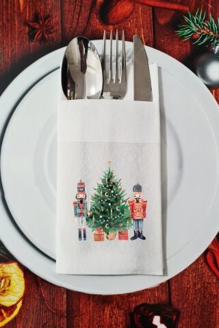 Kumaş Dokulu Yılbaşı Ağacı ve Kurşun Askerler Tasarımlı Yılbaşı Masası Sunum Peçetesi