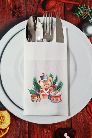 Kumaş Dokulu Oyuncak Ayıcık Tasarımlı Yılbaşı Masası Sunum Peçetesi