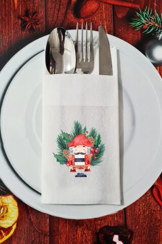 Kumaş Dokulu Kurşun Asker NutCracker Tasarımlı Yılbaşı Masası Sunum Peçetesi