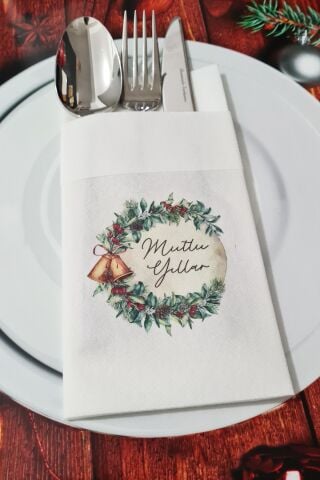 Kumaş Dokulu Mutlu Yıllar Yazılı Yılbaşı Masası Sunum Peçetesi