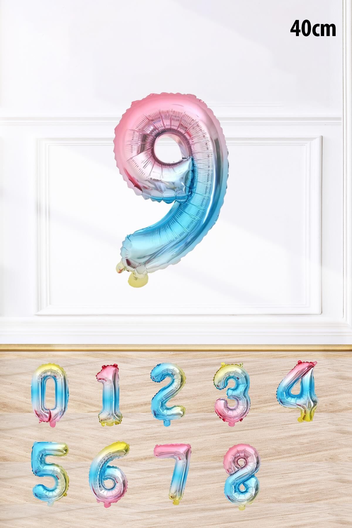 Gökkuşağı Renk Rakam Folyo Balon Rengarenk Yaş Balonu Sayı Balonlar 16 inç 40 cm 9