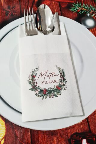 Kumaş Dokulu Mutlu Yıllar Yazılı Yılbaşı Masası Sunum Peçetesi