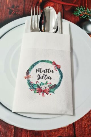 Kumaş Dokulu Mutlu Yıllar Yazılı Yılbaşı Masası Sunum Peçetesi
