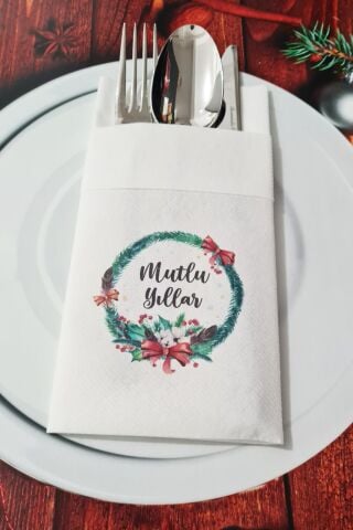 Kumaş Dokulu Mutlu Yıllar Yazılı Yılbaşı Masası Sunum Peçetesi