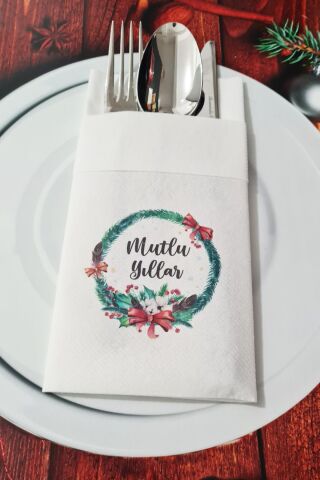 Kumaş Dokulu Mutlu Yıllar Yazılı Yılbaşı Masası Sunum Peçetesi