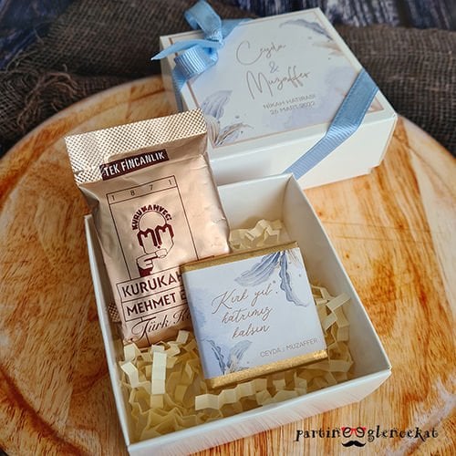 Gold Blue Yapraklı Kahve Çikolata Kutulu Set Hediyelik