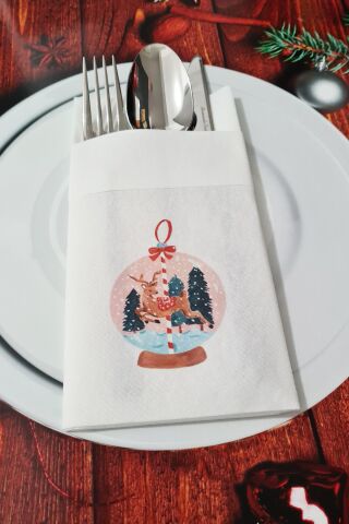 Kumaş Dokulu Geyikli Kar Küresi Yılbaşı Masası Sunum Peçetesi