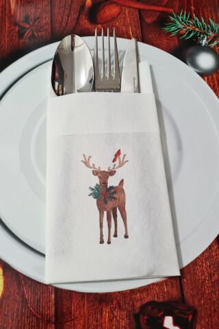 Kumaş Dokulu Geyik Yılbaşı Masası Sunum Peçetesi