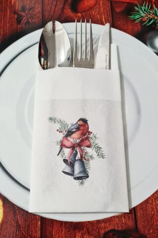 Kumaş Dokulu Yılbaşı Çanları ve Kuş Yılbaşı Masası Sunum Peçetesi