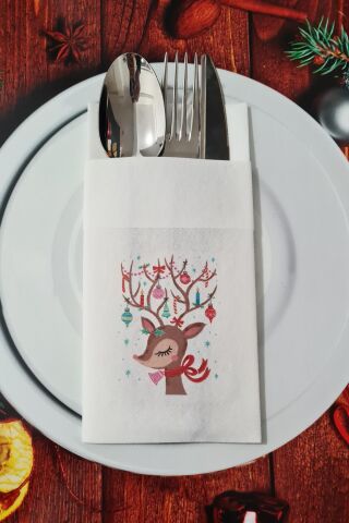 Kumaş Dokulu Yılbaşı Süslü Geyik Yılbaşı Masası Sunum Peçetesi