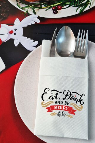 Kumaş Dokulu Eat, Drink and be Merry Yazılı Yılbaşı Sofrası - Yeni Yıl Peçetesi