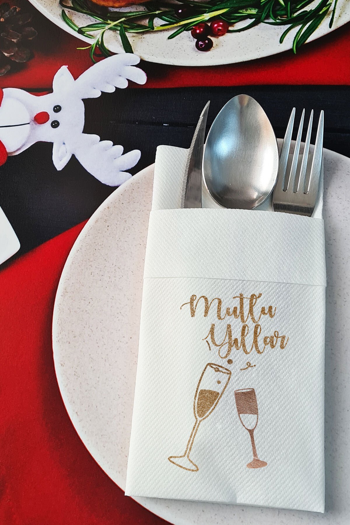 Kumaş Dokulu Mutlu Yıllar Yazılı Yılbaşı Sofrası - Yeni Yıl Peçetesi