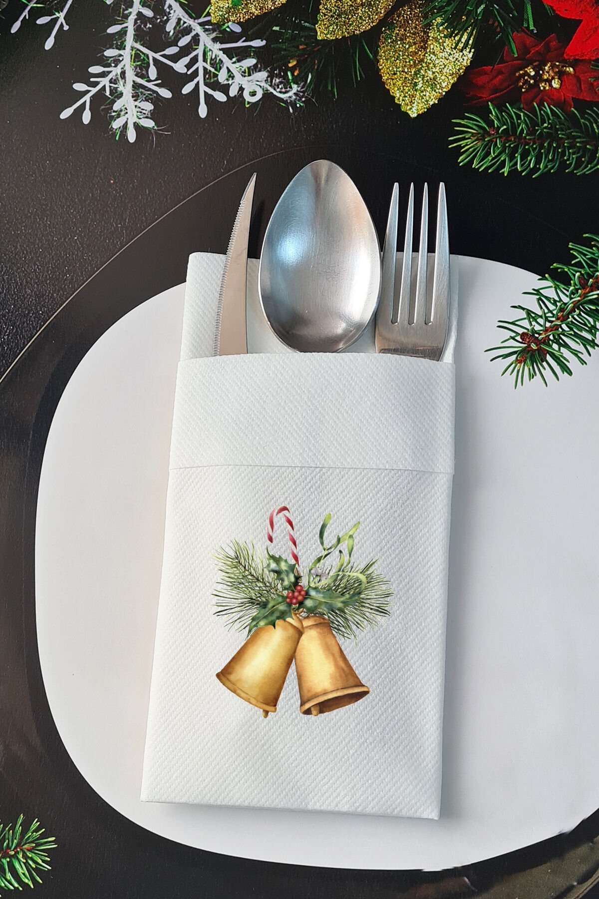 Kumaş Dokulu Yılbaşı Çanları Yılbaşı Sofrası - Yeni Yıl Peçetesi