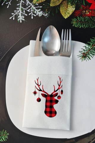 Kumaş Dokulu Ekoseli Geyik Kafası Yılbaşı Sofrası - Yeni Yıl Peçetesi