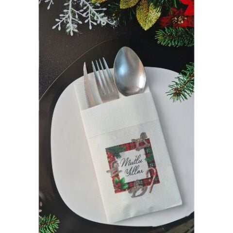 Kumaş Dokulu Ekoseli Mutlu Yıllar Yılbaşı Masası Sunum Peçetesi