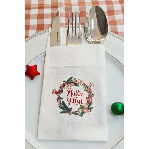Kumaş Dokulu Mutlu Yıllar Yılbaşı Masası Sunum Peçetesi