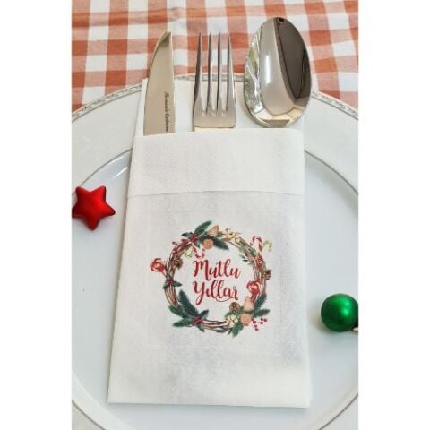 Kumaş Dokulu Mutlu Yıllar Yılbaşı Masası Sunum Peçetesi