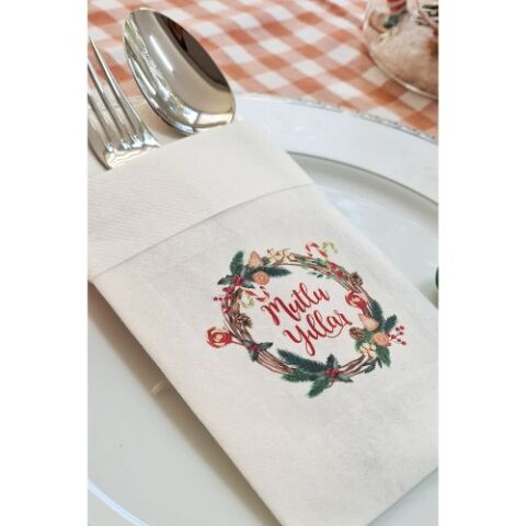 Kumaş Dokulu Mutlu Yıllar Yılbaşı Masası Sunum Peçetesi